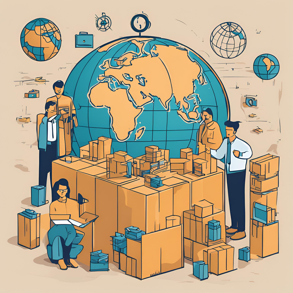 Global sourcing illustration — teams managing worldwide freight and suppliers